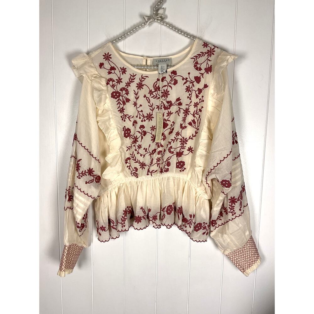 Calypso St Barth NWT Cream Embroidered Ruffle‎ Keyhole Closure Blouse Size Large